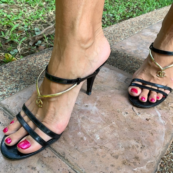 CHANEL Shoes - CHANEL Black Patent Leather Stilettos Gold CC